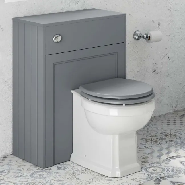 Hudson Traditional Back To Wall Toilet With Dove Grey Wooden Seat and Concealed Cistern