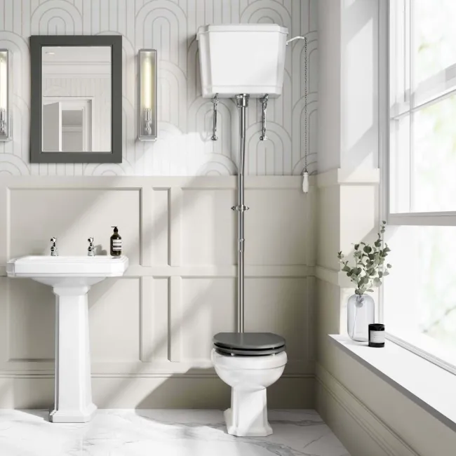 Hudson Traditional High-Level Toilet With Graphite Grey Seat & Pedestal Basin - Double Tap Hole