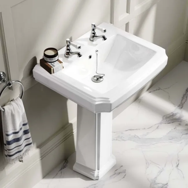 Hudson Traditional High-Level Toilet With Inky Blue Seat & Pedestal Basin - Double Tap Hole