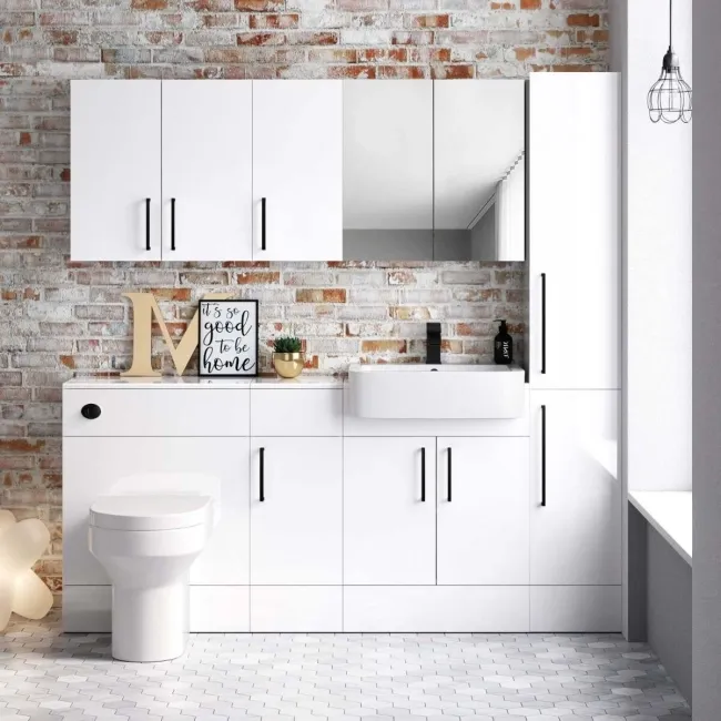 Harper Gloss White Floor Standing Tall Cabinet 1900x300mm - Black Accents  