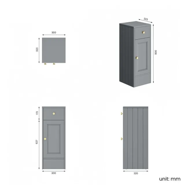Monaco Dove Grey Side Cabinet Unit 300mm - Brushed Brass Accents
