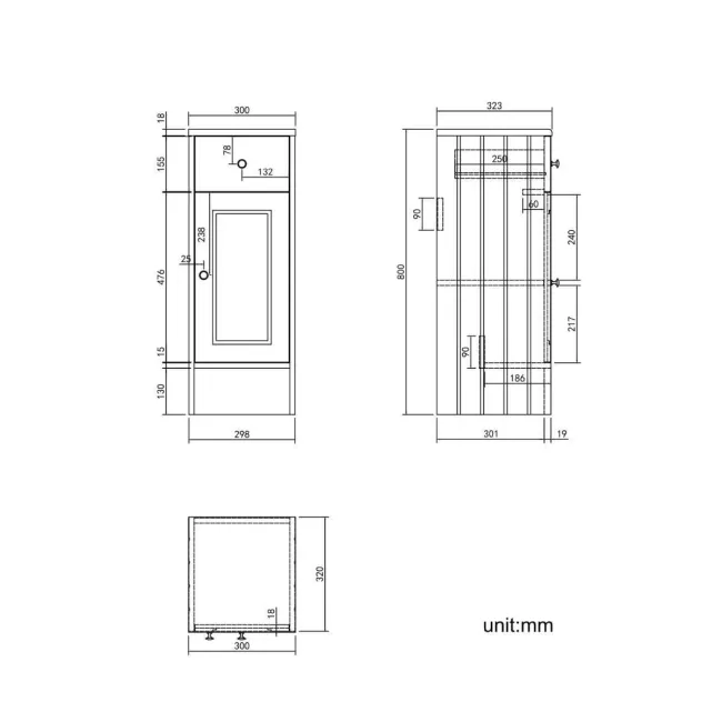 Monaco Dove Grey Side Cabinet Unit 300mm - Brushed Brass Accents