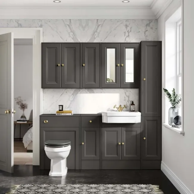 Monaco Graphite Grey Floor Standing Tall Cabinet Unit 1900x300mm - Brushed Brass Accents
