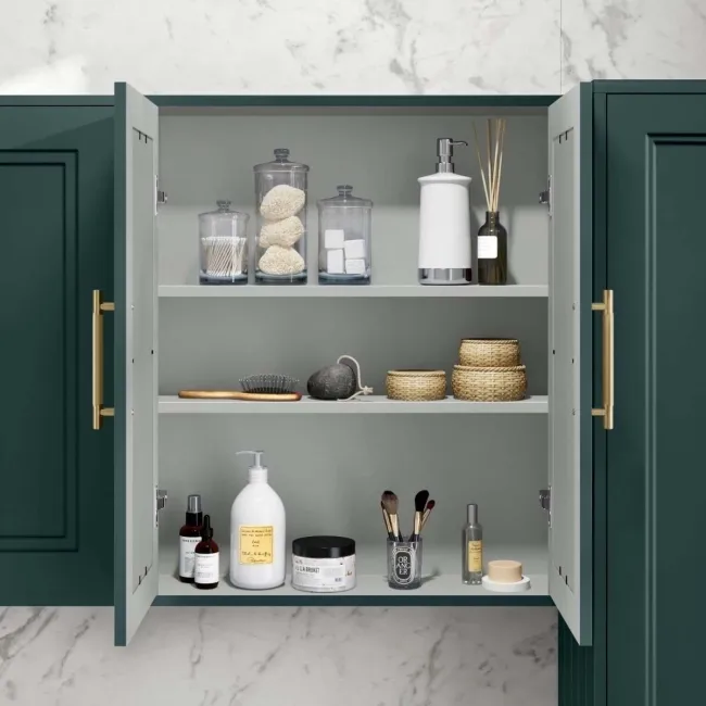 Midnight Green Wall Hung Mirror Cabinet 700x600mm - Brass Knurled Handles