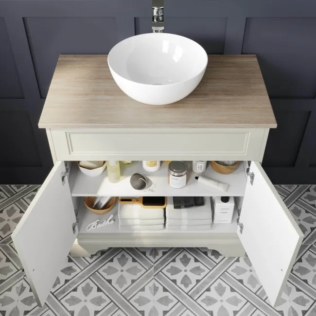Lucia Chalk White Vanity With Oak Top & Round Counter Top Basin 840mm