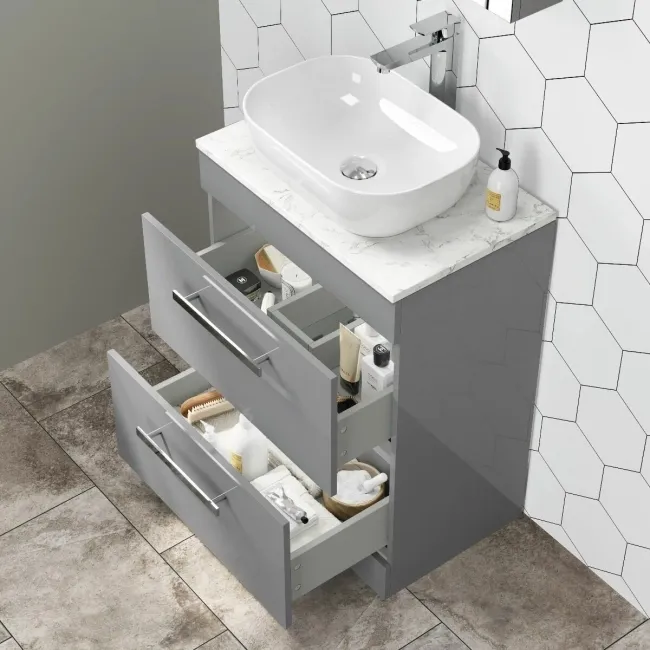 Avon Stone Grey Vanity Drawer with Marble Top & Curved Counter Top Basin 600mm