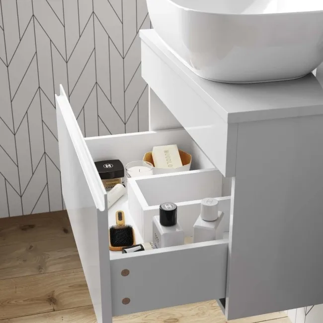 Trent Gloss White Wall Hung Drawer Vanity with Curved Counter Top Basin 600mm