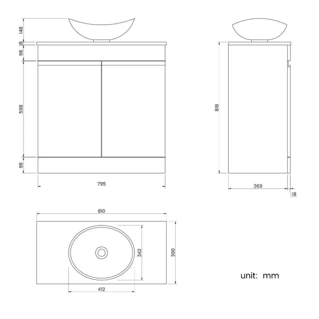 Trent Stone Grey Vanity with Oval Counter Top Basin 800mm