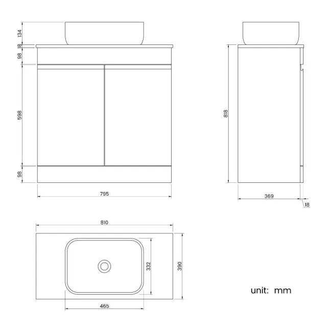 Trent Stone Grey Vanity with Curved Counter Top Basin 800mm