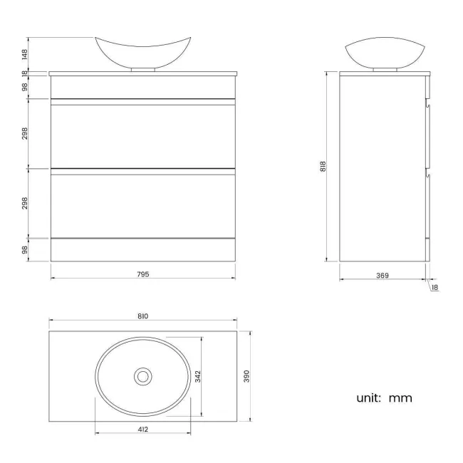 Trent Stone Grey Vanity Drawer with Oval Counter Top Basin 800mm