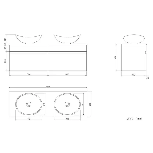 Trent Stone Grey Double Wall Hung Drawer Vanity with Marble Top & Oval Counter Top Basin 1200mm