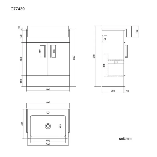 Harper Charcoal Elm Vanity with Semi Recessed Basin 600mm