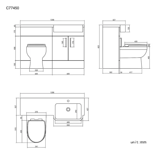 Harper Charcoal Elm Combination Vanity Basin and Seattle Toilet 1200mm - Right Handed