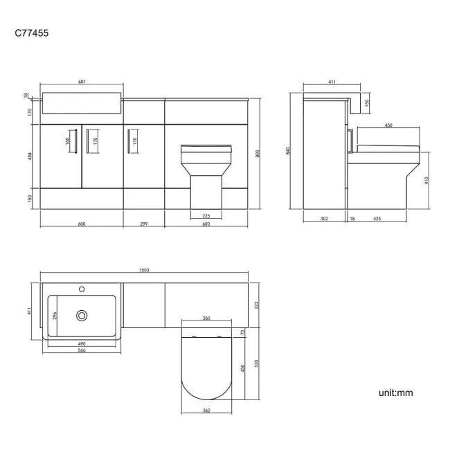 Harper Charcoal Elm Combination Vanity Basin and Denver Toilet 1500mm