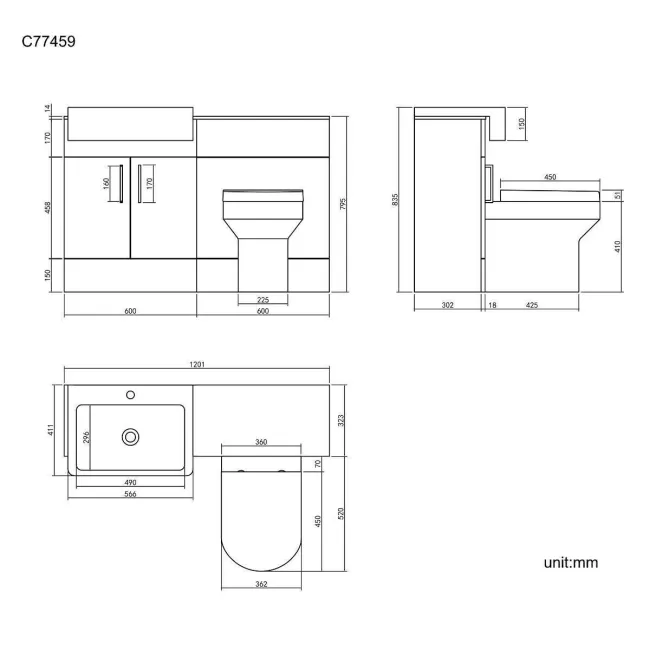 Harper Charcoal Elm Combination Vanity Basin with Marble Top & Denver Toilet 1200mm