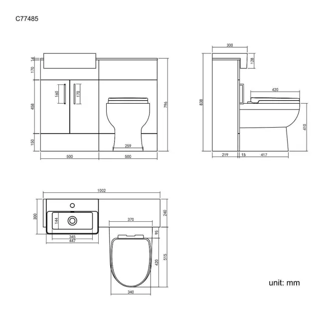Harper Charcoal Elm Combination Vanity Basin with Marble Top & Seattle Toilet 1000mm