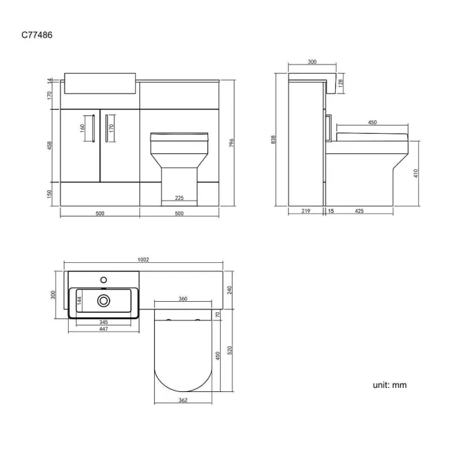 Harper Charcoal Elm Combination Vanity Basin with Marble Top & Denver Toilet 1000mm