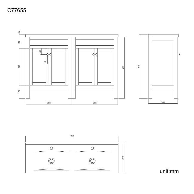Bermuda Graphite Grey Double Basin Vanity 1200mm