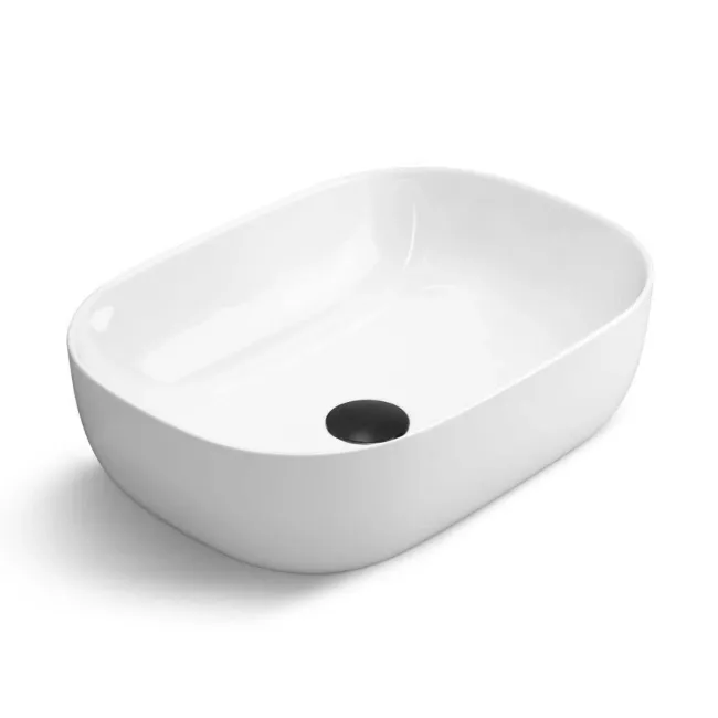 Avon Gloss White Vanity Drawer with Curved Counter Top Basin 600mm - Black Accents