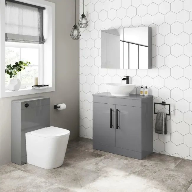Avon Stone Grey Vanity with Oval Counter Top Basin 800mm - Black Accents