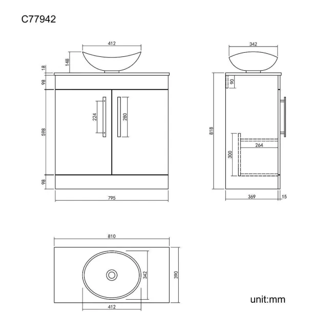 Avon Stone Grey Vanity with Oval Counter Top Basin 800mm - Black Accents
