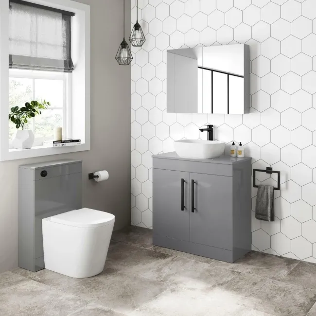 Avon Stone Grey Vanity with Curved Counter Top Basin 800mm - Black Accents