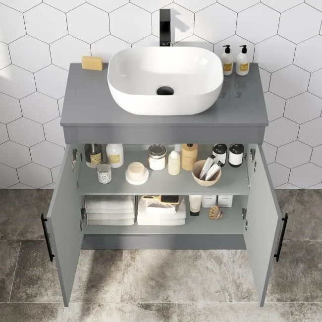 Avon Stone Grey Vanity with Curved Counter Top Basin 800mm - Black Accents