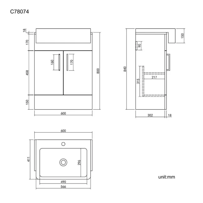 Harper Stone Grey Vanity with Semi Recessed Basin 600mm - Black Accents