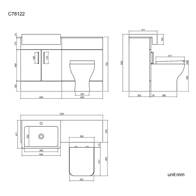 Harper Charcoal Elm Combination Vanity Basin with Marble Top & Atlanta Toilet 1200mm - Black Accents