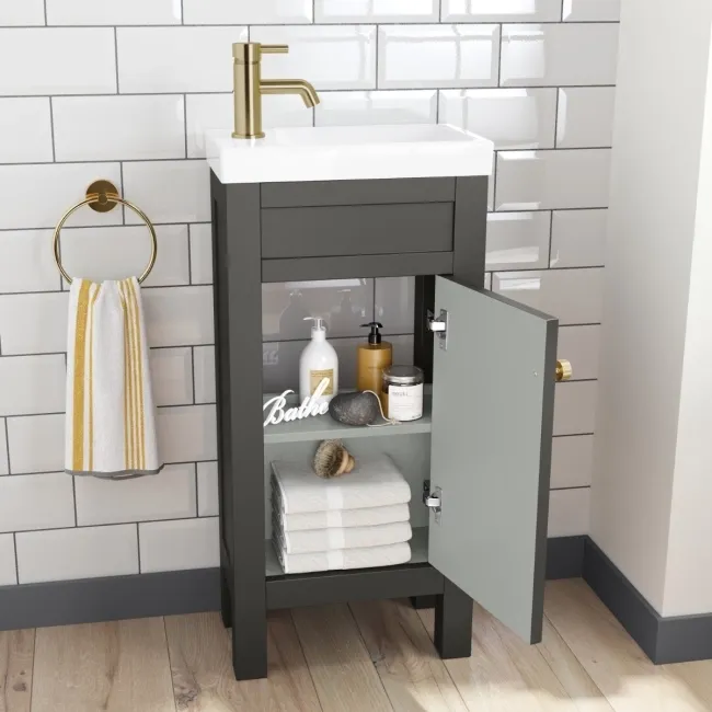 Bermuda Graphite Grey Cloakroom Basin Vanity 400mm - Brushed Brass Accents