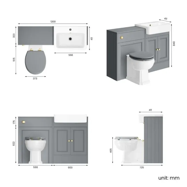 Monaco Dove Grey Combination Vanity Basin and Hudson Toilet with Wooden Seat 1200mm - Brushed Brass Accents