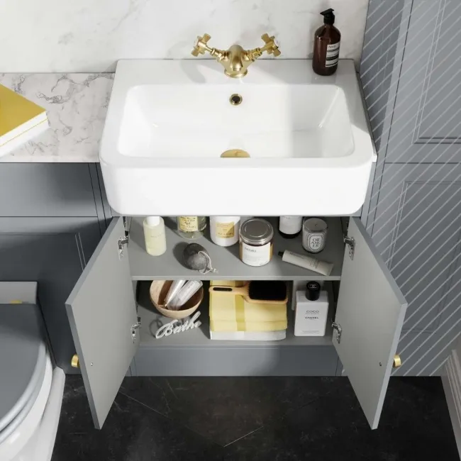 Monaco Dove Grey Combination Vanity Basin with Marble Top & Hudson Toilet with Wooden Seat 1200mm - Brushed Brass Accents