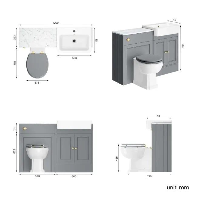 Monaco Dove Grey Combination Vanity Basin with Marble Top & Hudson Toilet with Wooden Seat 1200mm - Brushed Brass Accents