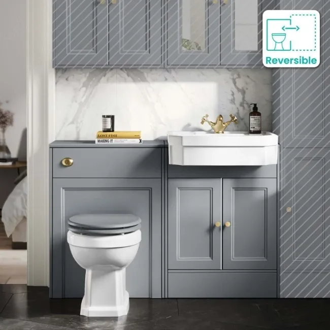 Monaco Dove Grey Combination Vanity Traditional Basin and Hudson Toilet with Wooden Seat 1200mm - Brushed Brass Accents