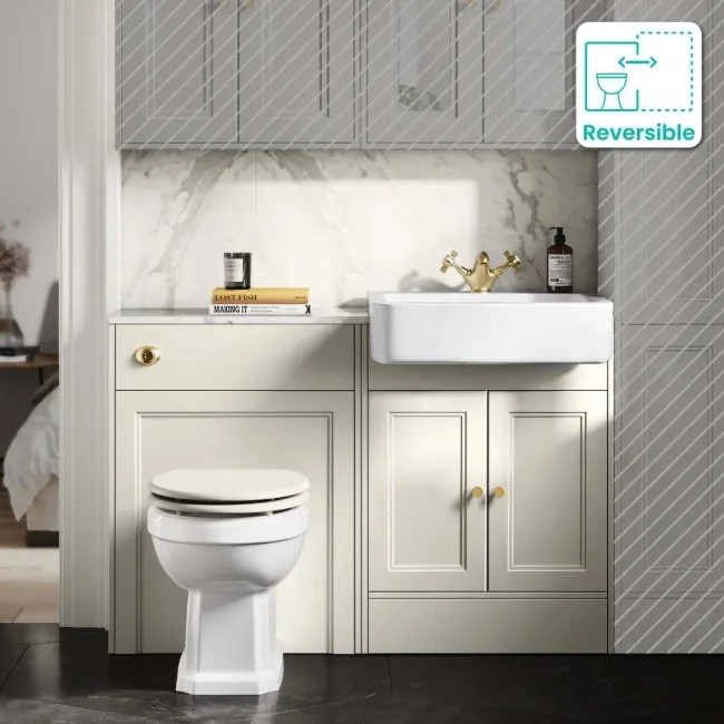 Monaco Chalk White Combination Vanity Basin with Marble Top & Hudson Toilet with Wooden Seat 1200mm - Brushed Brass Accents