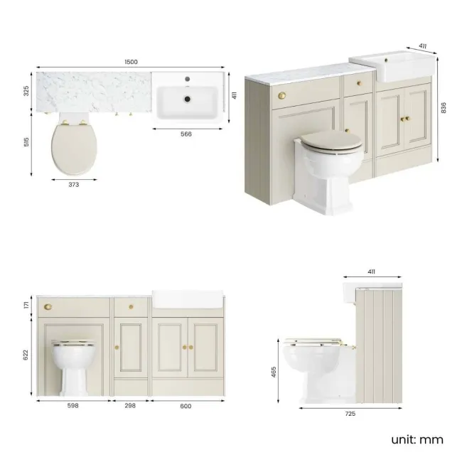 Monaco Chalk White Combination Vanity Basin with Marble Top and Hudson Toilet with Wooden Seat 1500mm - Brushed Brass Accents