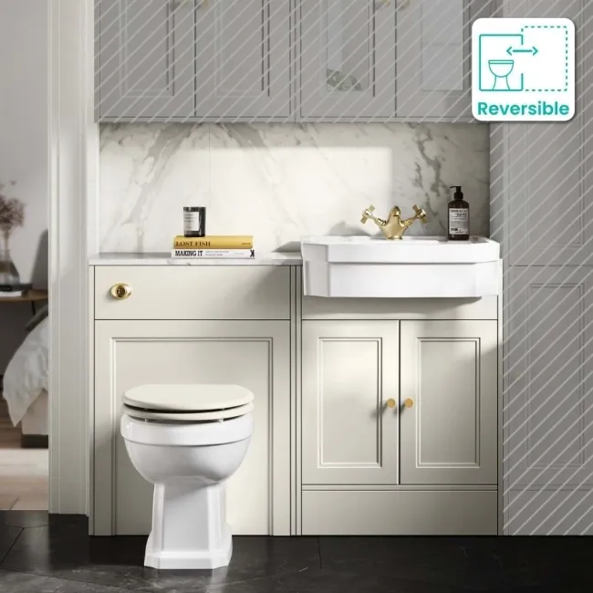 Monaco Chalk White Combination Vanity Traditional Basin with Marble Top & Hudson Toilet with Wooden Seat 1200mm - Brushed Brass Accents