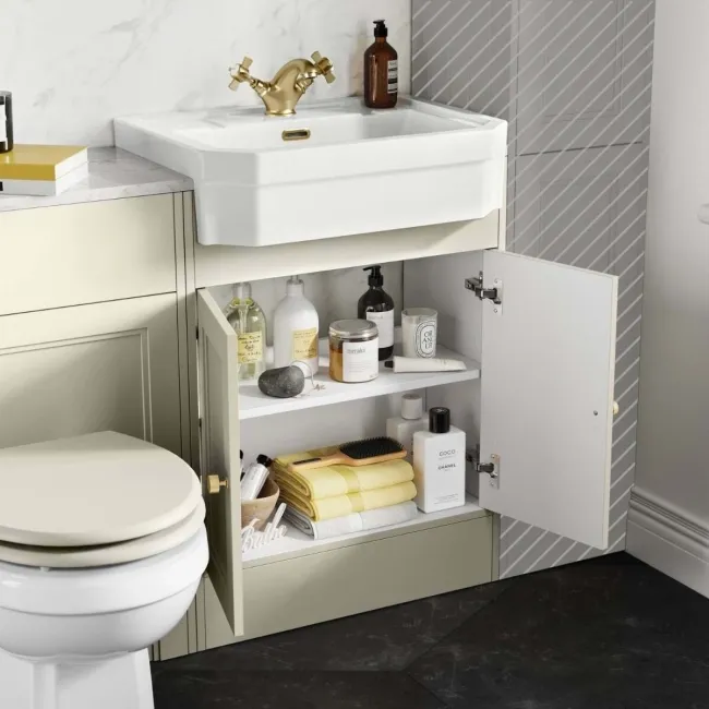 Monaco Chalk White Combination Vanity Traditional Basin with Marble Top & Hudson Toilet with Wooden Seat 1200mm - Brushed Brass Accents