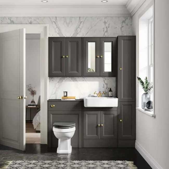 Monaco Graphite Grey Combination Vanity Basin and Hudson Toilet with Wooden Seat 1200mm - Brushed Brass Accents
