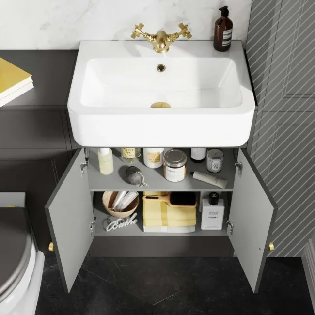 Monaco Graphite Grey Combination Vanity Basin and Hudson Toilet with Wooden Seat 1200mm - Brushed Brass Accents
