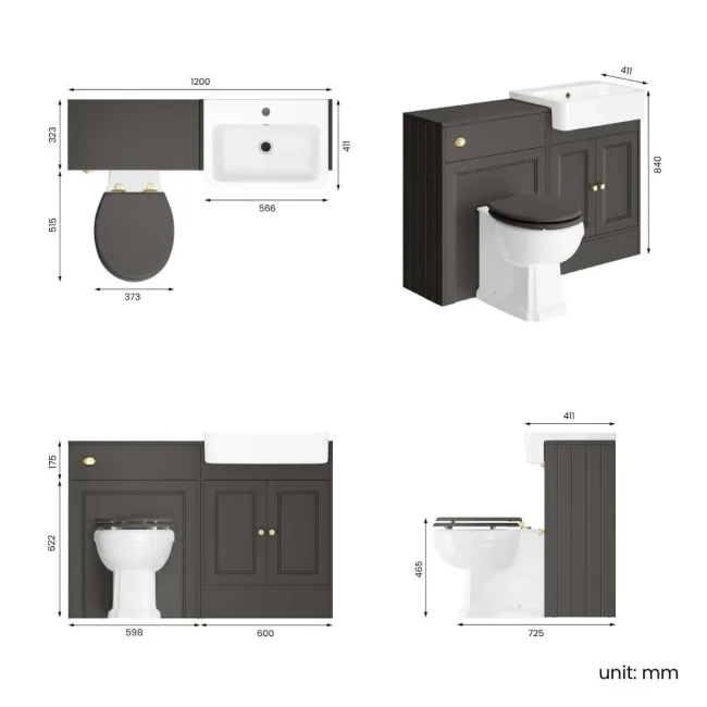 Monaco Graphite Grey Combination Vanity Basin and Hudson Toilet with Wooden Seat 1200mm - Brushed Brass Accents
