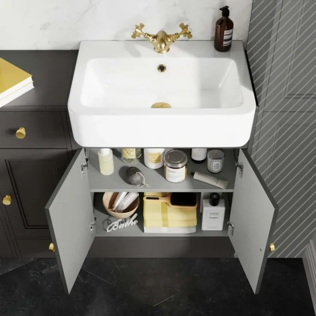 Monaco Graphite Grey Combination Vanity Basin and Hudson Toilet with Wooden Seat 1500mm - Brushed Brass Accents