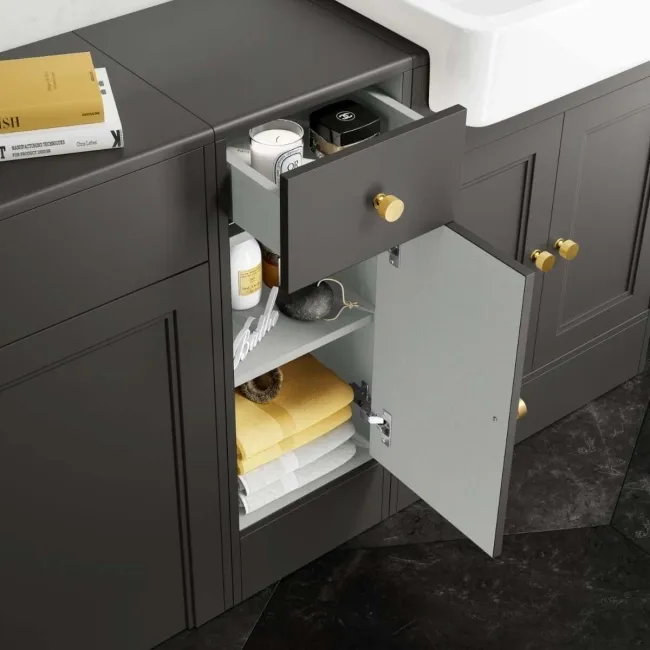 Monaco Graphite Grey Combination Vanity Basin and Hudson Toilet with Wooden Seat 1500mm - Brushed Brass Accents