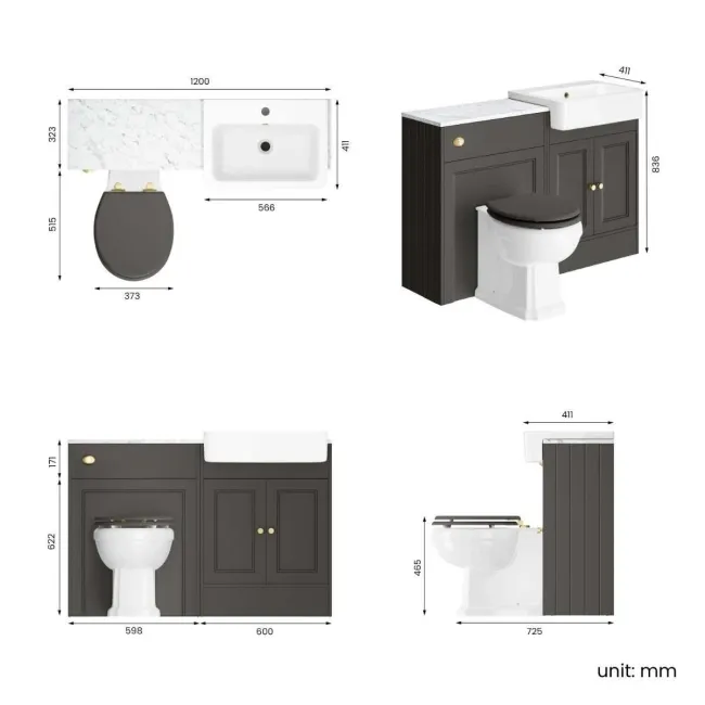 Monaco Graphite Grey Combination Vanity Basin with Marble Top & Hudson Toilet with Wooden Seat 1200mm - Brushed Brass Accents