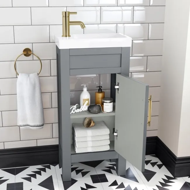 Bermuda Dove Grey Cloakroom Basin Vanity 400mm - Brass Knurled Handles