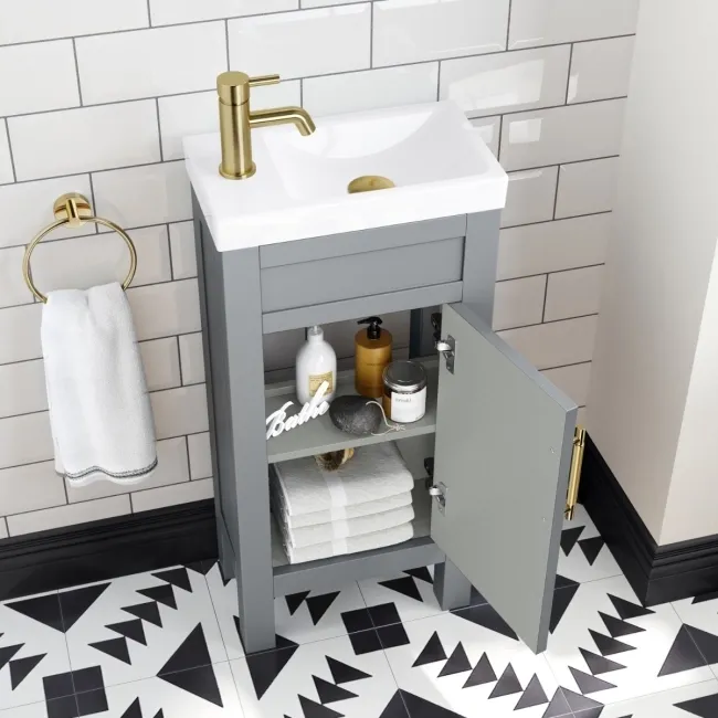 Bermuda Dove Grey Cloakroom Basin Vanity 400mm - Brass Knurled Handles