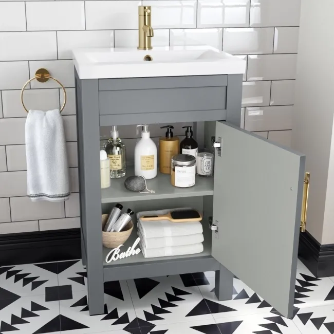 Bermuda Dove Grey Basin Vanity 500mm - Brass Knurled Handles