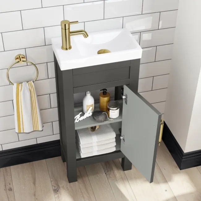 Bermuda Graphite Grey Cloakroom Basin Vanity 400mm - Brass Knurled Handles