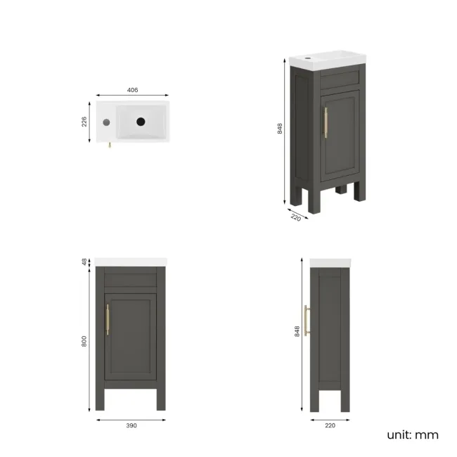 Bermuda Graphite Grey Cloakroom Basin Vanity 400mm - Brass Knurled Handles