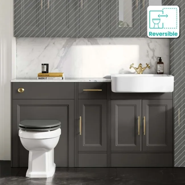 Monaco Graphite Grey Combination Vanity Basin with Marble Top and Hudson Toilet with Wooden Seat 1500mm - Brass Knurled Handles